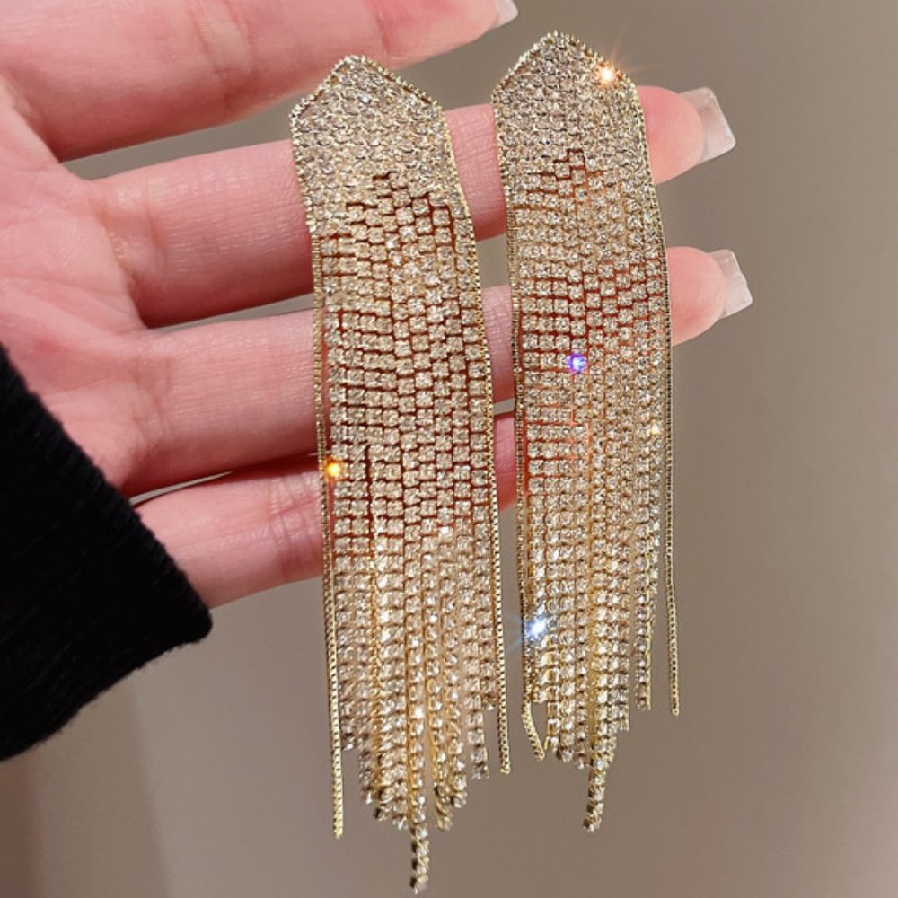 Rhinestone Fringe Dangle Earrings Prom Pageant Bridal Formal - Picture 4 of 8